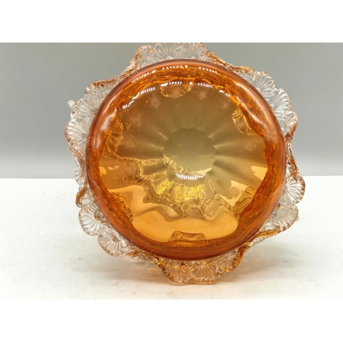 25 - Victorian Glass Amber and Lace Design Basket. 22cm x 22cm.