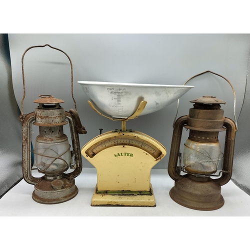 27 - Set of Salter Scales plus 2 x Oil Lamps.