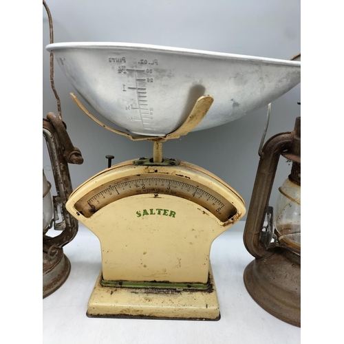 27 - Set of Salter Scales plus 2 x Oil Lamps.