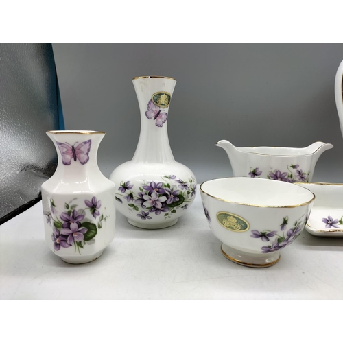 273 - Aynsley 'Wild Violets' Pieces (7). Tallest being 24cm. Slight Chip to Tray.