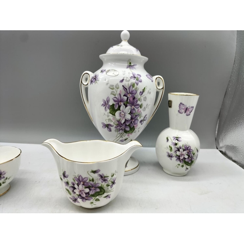 273 - Aynsley 'Wild Violets' Pieces (7). Tallest being 24cm. Slight Chip to Tray.