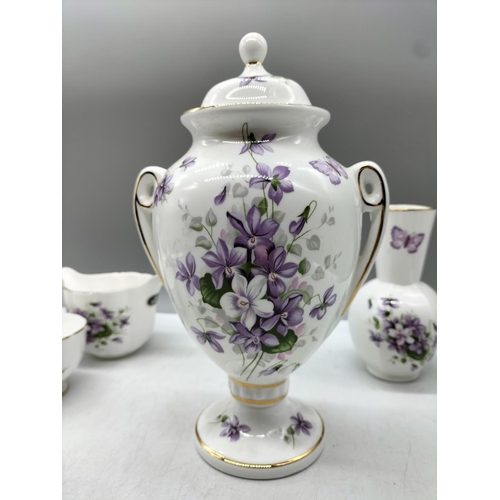 273 - Aynsley 'Wild Violets' Pieces (7). Tallest being 24cm. Slight Chip to Tray.