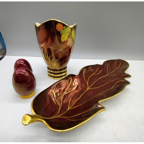 277 - Carlton Ware Rouge Royale Items (4) to include Salt and Pepper Pots, Vase and Leaf Dish. 35cm x 12cm... 