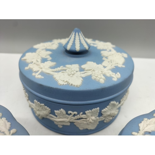 279 - Wedgwood Jasper Lidded Powder Pots (3) Largest being 10cm High, 13cm Diameter.