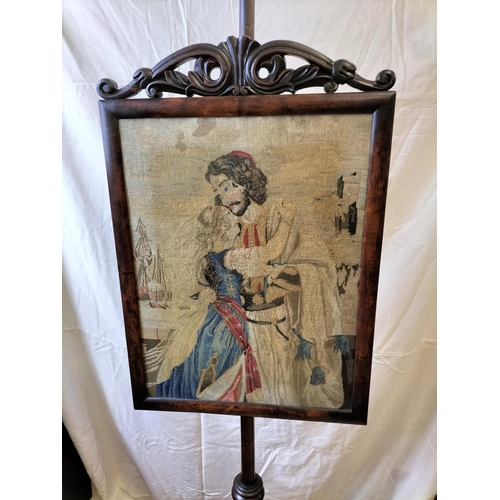 280 - Victorian Wooden Adjustable Pole Screen with Embroidered Scene. Stands approx 172cm Tall. Screen siz... 