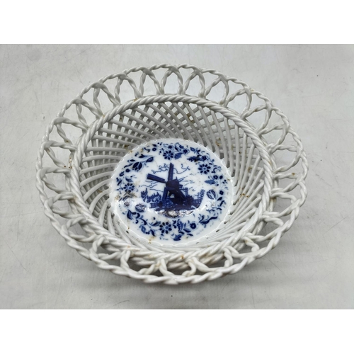 286 - Delft Blue Hand Painted, Holland Basket Weave Design Dishes (2). Largest being 6cm High, 19cm Diamet... 