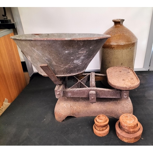 296 - Cast Iron Scales with Galvanised Scoop and Weight plus Stoneware Flagon. A/F to Rim.