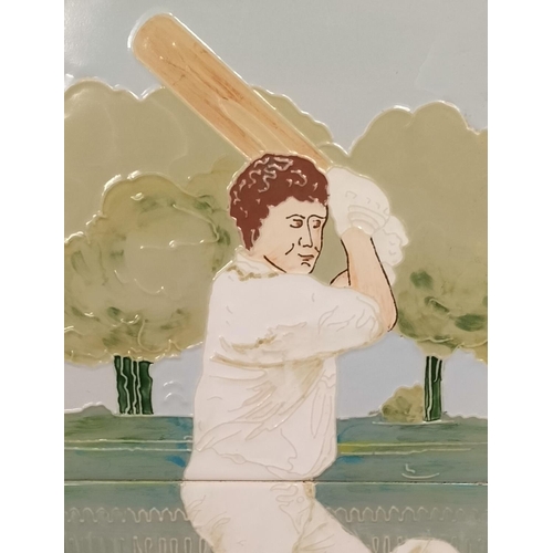 30A - Framed Two Tile 'Cricketer' Picture. Maw & Co? 47cm x 27cm.