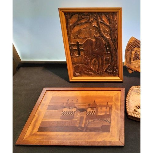 366 - Hard Carved Wooden Pictures including Cutty Sark, Horse, Lumbering plus 2 x Tunbridge Ware Wall Pict... 