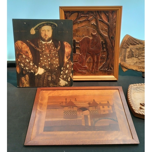 366 - Hard Carved Wooden Pictures including Cutty Sark, Horse, Lumbering plus 2 x Tunbridge Ware Wall Pict... 