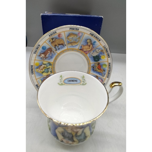 38 - Boxed Queens China Zodiac Cups and Saucers (2) - Gemini and Aries.