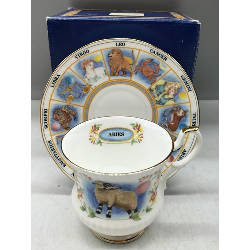 38 - Boxed Queens China Zodiac Cups and Saucers (2) - Gemini and Aries.