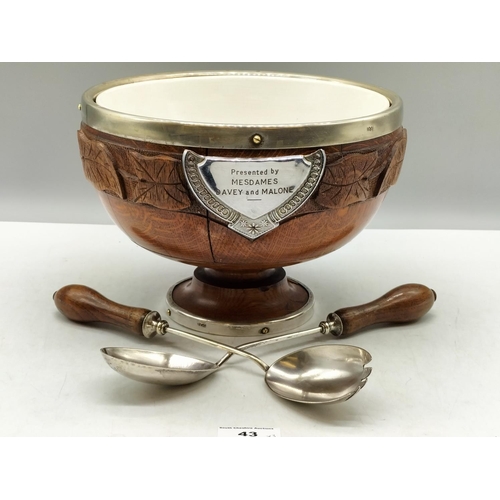 43 - Wooden Centrepiece Bowl with Leaf Design, Plated Rim and Liner plus Servers. Presented by Mesdames D... 