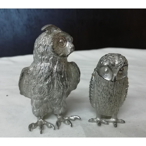 445 - Owl Figures (4) 2 being Silver Plated and 2 being Brass. Tallest being 9cm.