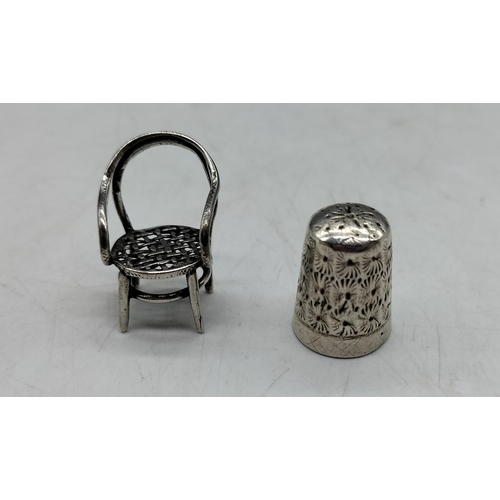 46 - 925 Silver Miniature Chair and Charles Horner Thimble.