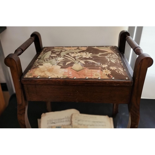 469 - Oak Framed Fabric Seat Piano Stool with Music Sheets. 59cm High, 33cm x 52cm. This Lot is Collection... 