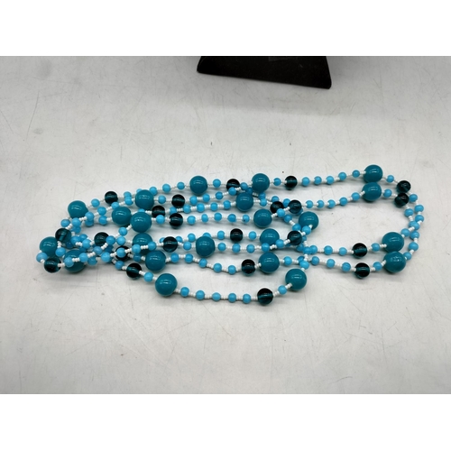 489 - Kingfisher Blue Art Deco Style 160cm Necklace.