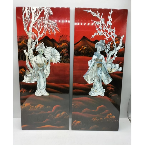 49 - Lacquered Mother of Pearl Panels (2). 50cm x 20.5cm.