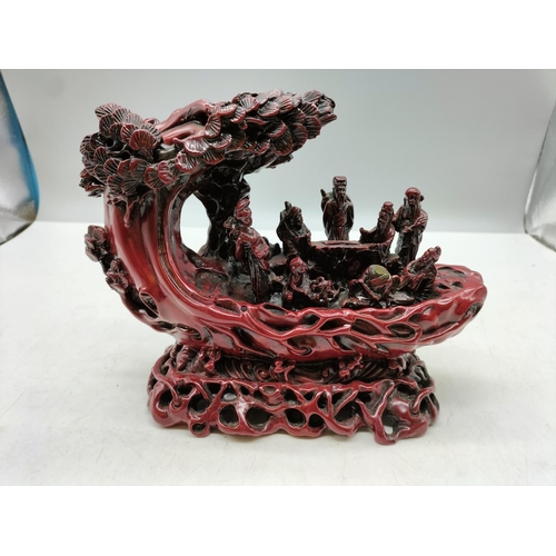 550 - Resin Chinese Dragon Boat with Eight Immortals. A/F One with Damaged Head. 22cm x 17cm.