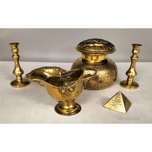 556 - Brass Items (6) including 10cm High Pair of Candlesticks.