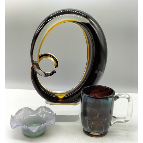 565 - Vasart Bowl (11cm Diameter), 11cm Tankard and Large Art Glass Sculpture 30cm x 20cm.