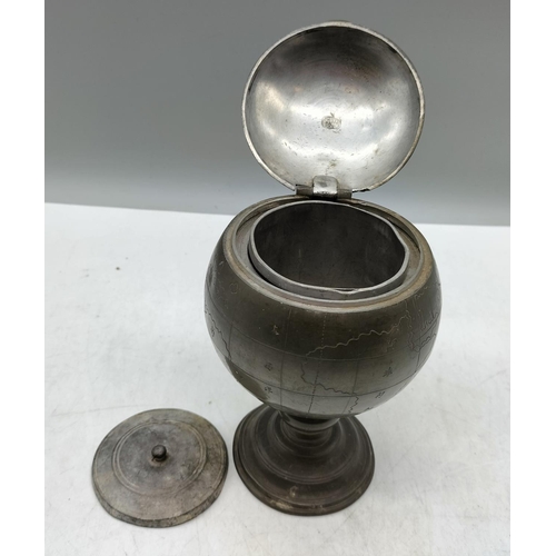 6 - Tea Caddy in the Shape of a Globe. Pewter? 17cm High.