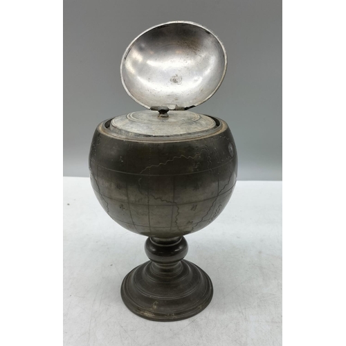 6 - Tea Caddy in the Shape of a Globe. Pewter? 17cm High.