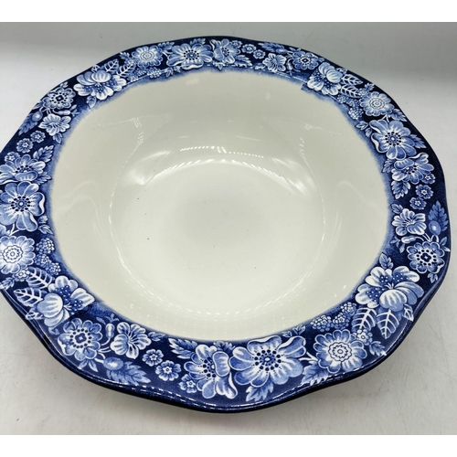 61 - Staffordshire Ironstone Liberty Blue 24cm Covered Tureens 'Boston Tea Party' (2). Chip to 1 Lid.