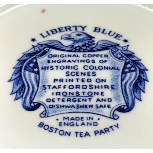 61 - Staffordshire Ironstone Liberty Blue 24cm Covered Tureens 'Boston Tea Party' (2). Chip to 1 Lid.