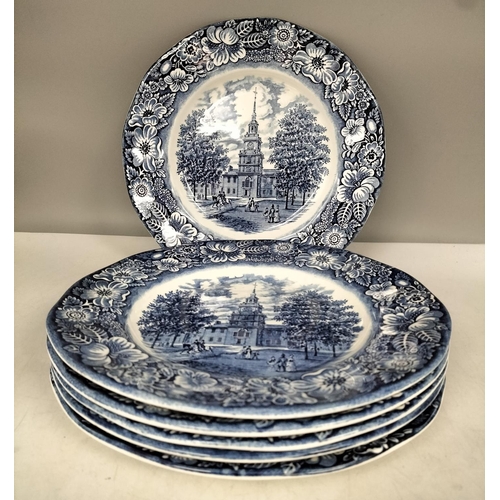 63 - Staffordshire Ironstone Liberty Blue 25cm Plates 'Independence Hall' (6).