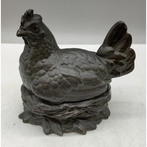 68 - Matt Black Metal Chicken Inkwell. 10cm x 11cm.