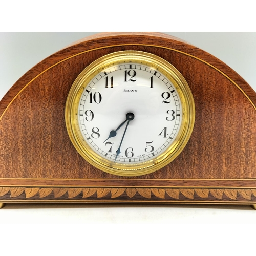 70 - Mahogany Inlaid 8 Day Mantle Clock. W/O. 24cm x 20cm.