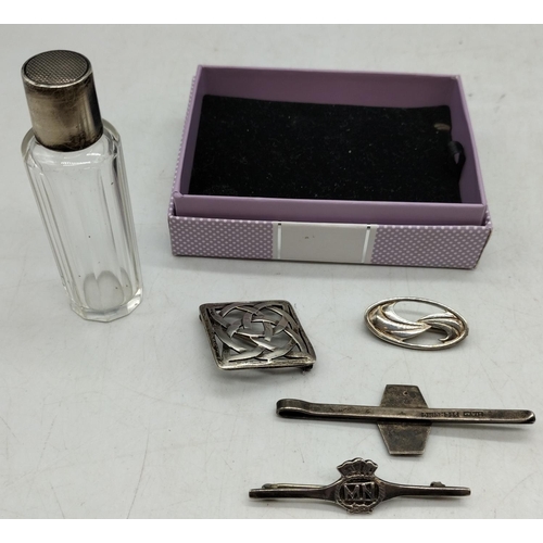 75 - Box of Silver Items including Bottle, Tie Clip and Brooches.