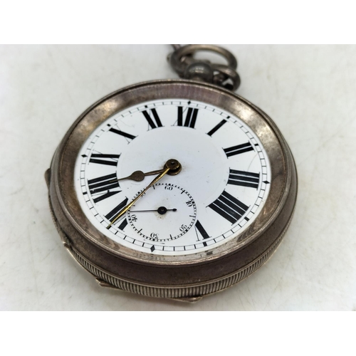 8 - Silver Cased Pocket Watch with Silver Pocket Watch Chain (no T Bar) requires Glass. Running but need... 