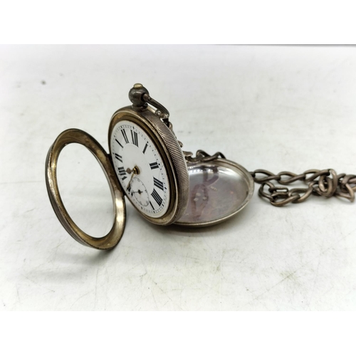 8 - Silver Cased Pocket Watch with Silver Pocket Watch Chain (no T Bar) requires Glass. Running but need... 