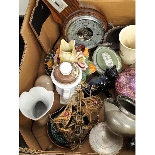 89 - Box of Mixed Items to include Barometers, Pottery, Metal Ware, etc.