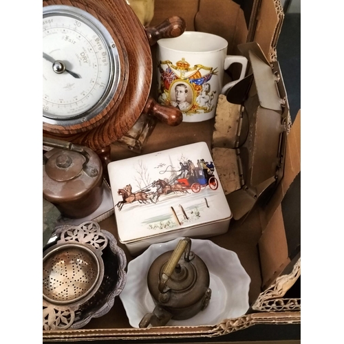 89 - Box of Mixed Items to include Barometers, Pottery, Metal Ware, etc.