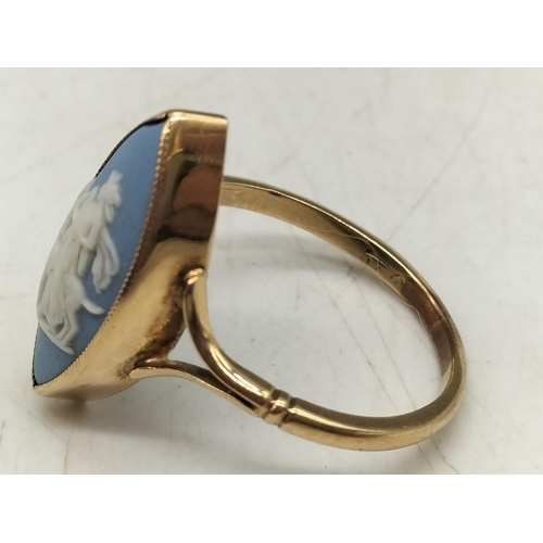 15 - 9ct Gold and Wedgwood Jasper Ring. c1900. Marked 9ct. Size O. 2.3 Grams.