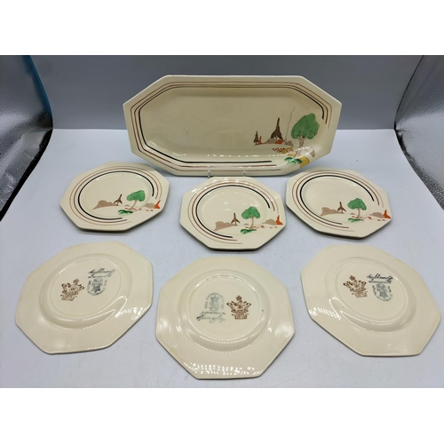 17 - Rare c1930 Clarice Cliff Art Deco Honeyglaze 7 Piece Sandwich Set in the 'Trees and Cottage' Pattern... 