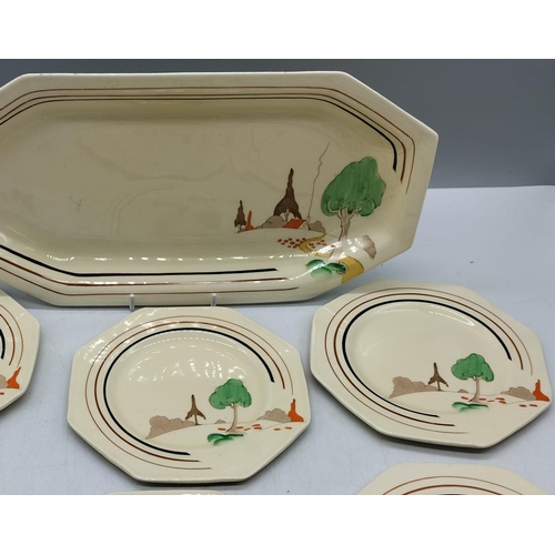 17 - Rare c1930 Clarice Cliff Art Deco Honeyglaze 7 Piece Sandwich Set in the 'Trees and Cottage' Pattern... 