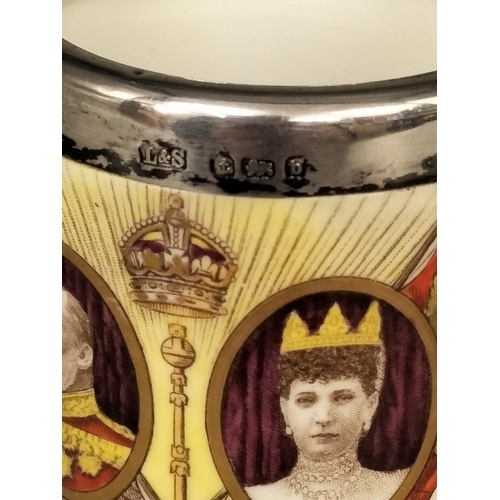 23 - King Edward VII Coronation Silver Rimmed Cup plus Egg Cup by Levi & Salaman, Birmingham 1901.