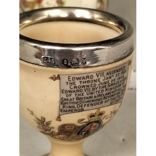 23 - King Edward VII Coronation Silver Rimmed Cup plus Egg Cup by Levi & Salaman, Birmingham 1901.