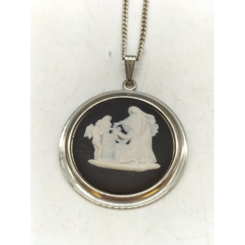 27 - Wedgwood Black Jasper Pendant and Chain. 4cm Diameter.