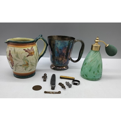 310 - Denby Glyn Colledge Jug, Green Glass Atomiser, Elkington Silver Plate Mug plus Penknives, etc. Talle... 