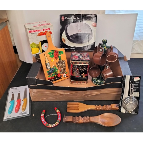 326 - Box of Kitchenalia to include Scales, Mug Tree and Mugs, Knives, Chopping Board, etc.