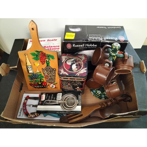 326 - Box of Kitchenalia to include Scales, Mug Tree and Mugs, Knives, Chopping Board, etc.