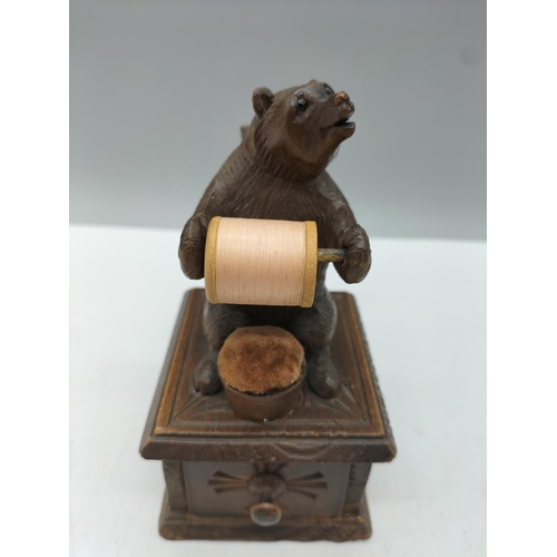 47 - Antique 19th Century Black Forest Carved Bear Sewing Caddy. 13cm High.