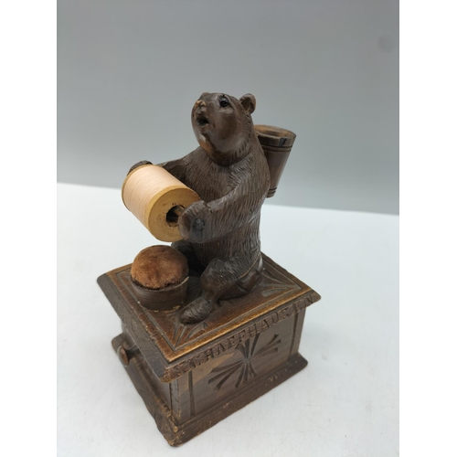 47 - Antique 19th Century Black Forest Carved Bear Sewing Caddy. 13cm High.