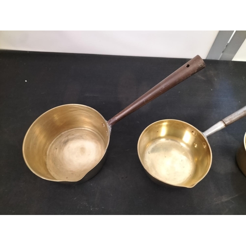 7 - Vintage Brass Saucepans (3). Largest having 19cm Diameter.