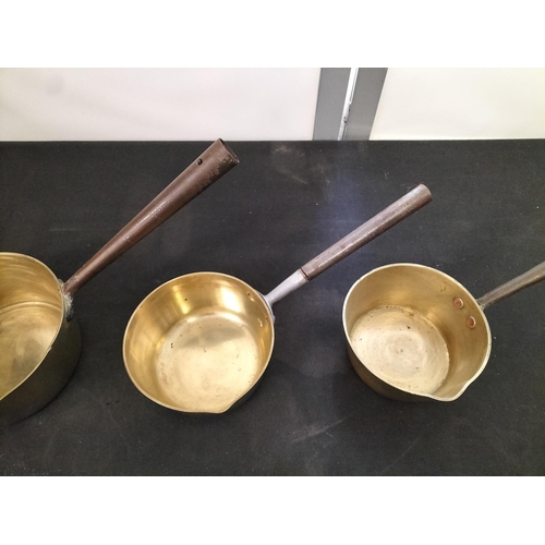 7 - Vintage Brass Saucepans (3). Largest having 19cm Diameter.